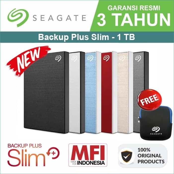 Harddisk hard disk hardisk Eksternal Seagate penyimpan data BackUp Plus Slim 1TB 1 TERA + Pouch ASLI