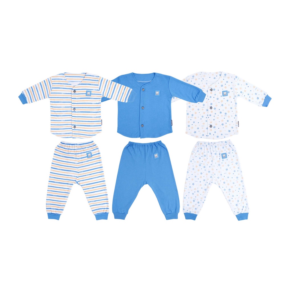 MOTIF BARU SETELAN PIYAMA ANAK FLUFFY STAR BIRU BAJU PENDEK BAJU PANJANG CELANA PENDEK CELANA PANJANG  KUTUNG 3PCS
