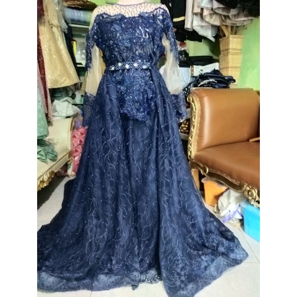 gaun slim pengantin resepsi gown navy preloved bekas second murah duyung prewed pengantin mewah xxl