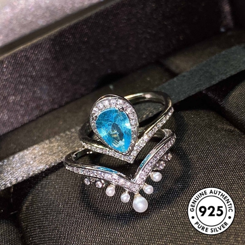 Cincin Sterling Silver 925 Model Mahkota Dengan Berlian Aquamarine Untuk Wanita