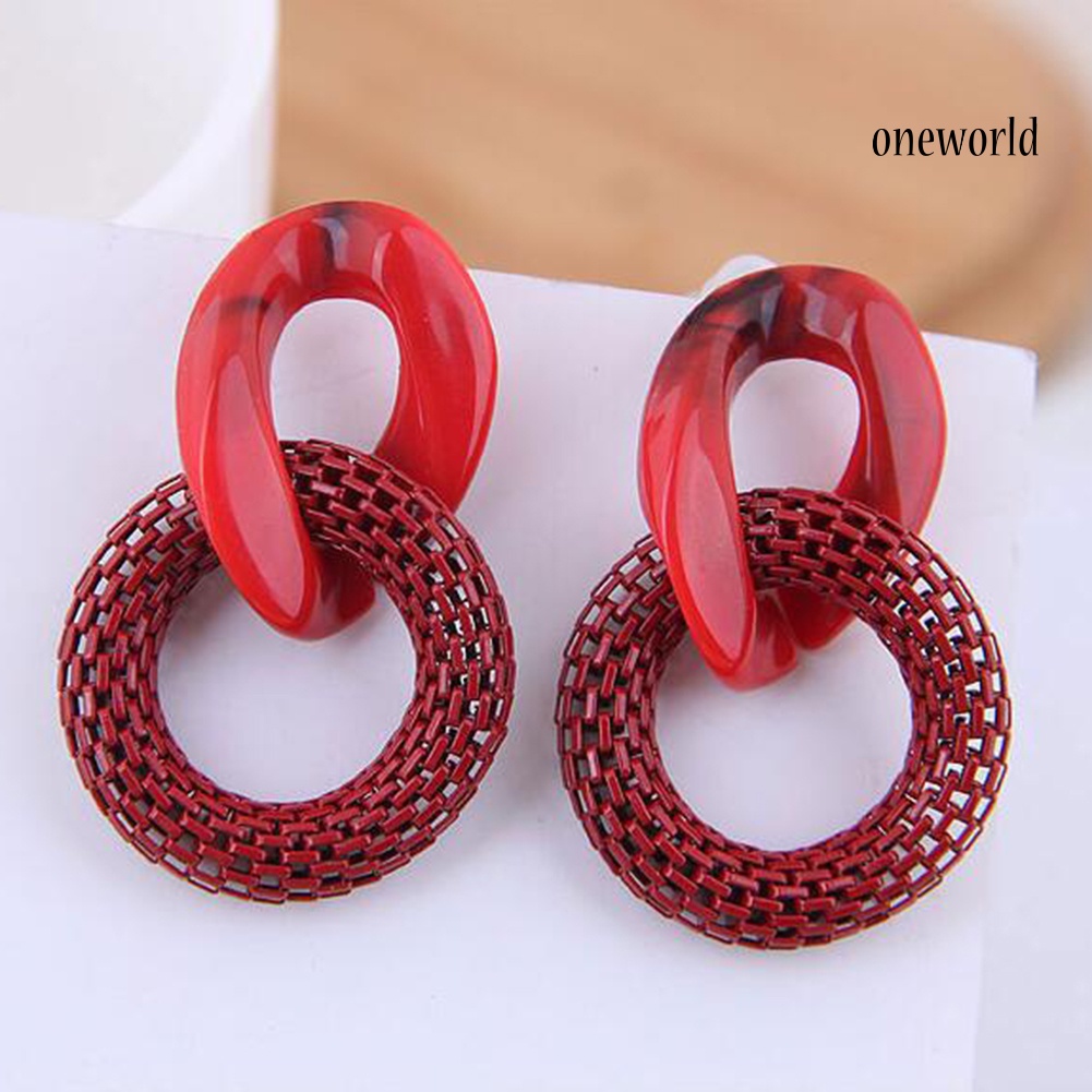 OW@ Women Fashion Acrylic Mesh Linked Circle Pendant Stud Earrings Party Jewelry