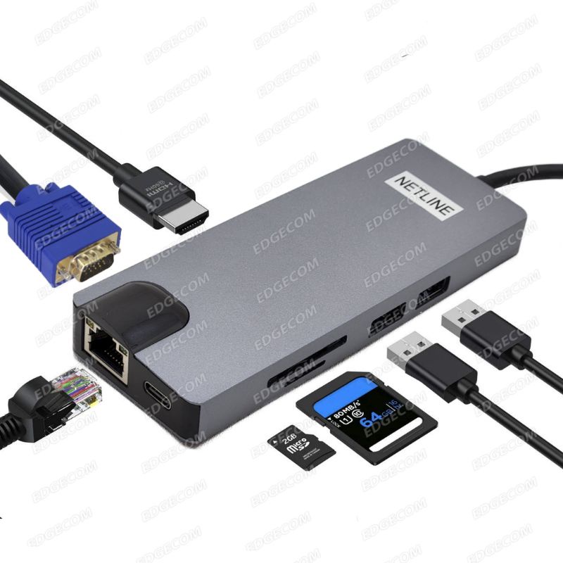 NETLINE USB 3.1 TYPE C 8in1 to HDMI 4K VGA Card Reader USB C PD Gigabit LAN USB 3.0 Hub Converter