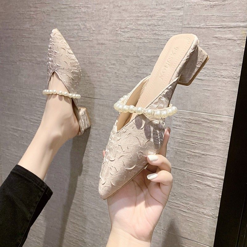 sandal heels wanita brukat mutiara hak tahu heels pesta