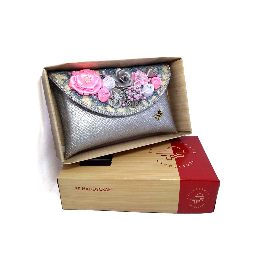 Putra Sukapura Dompet Anyaman Pandan Eksklusif Clutch Pesta Wanita-Silver Pink Premium