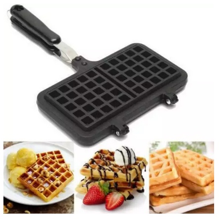 Double Waffle Pan Maker Persegi Panjang Cetakan Kue Waffel Pancake Croffle Teflon-1