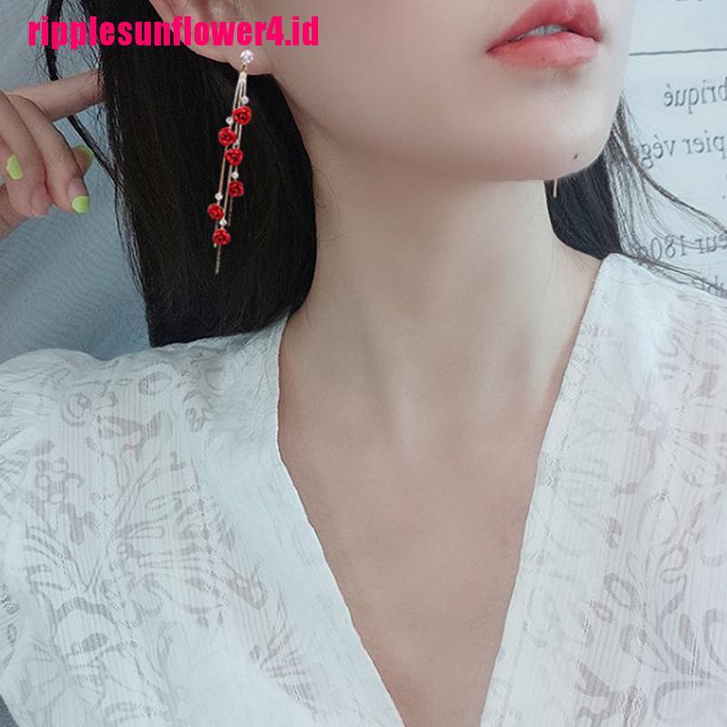 Anting Gantung Panjang Model Kelopak Bunga Dengan Rumbai Warna Merah / Ungu Untuk Wanita