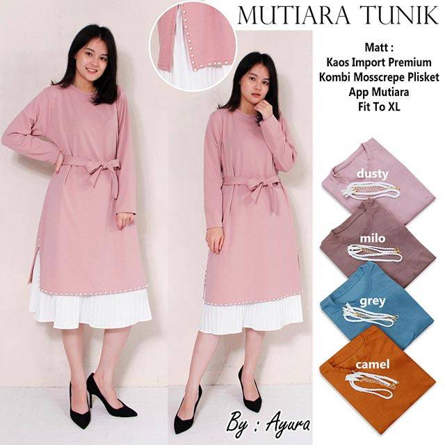 MUTIARA TUNIK, Matt Kaos Import Premium, Kombi Mosscrepe Plisket, Aplikasi Mutiara