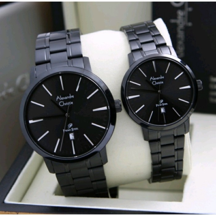 Jam tangan couple Alexandre Christie AC 1028 AC1028 full black Garansi