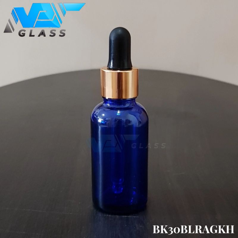 botol kaca pipet 30ml biru - ring almunium gold