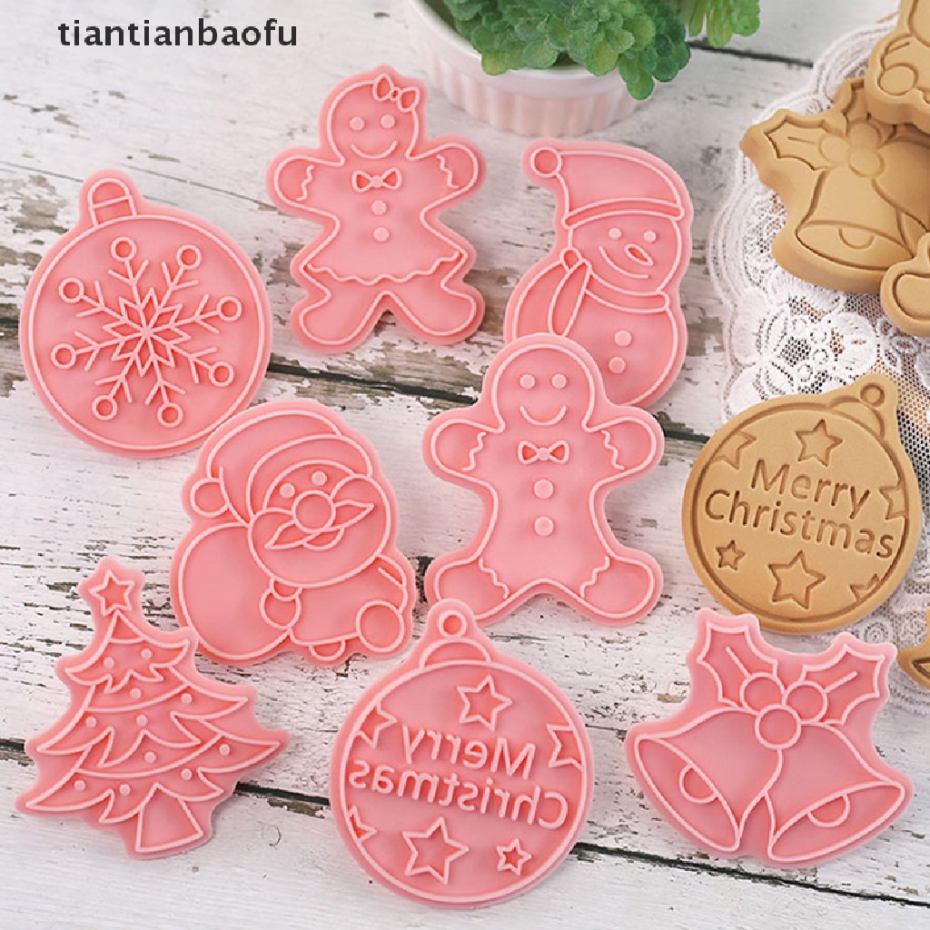 8pcs Cetakan Pemotong Kue / Biskuit Bentuk Stempel Natal 3D