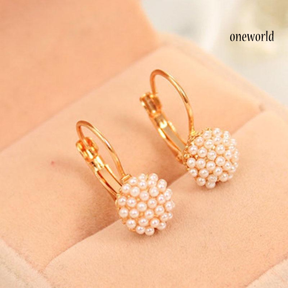 OW@ Fashion Women Round Faux Pearl Charm Leverback Earrings Piercing Jewelry Gift