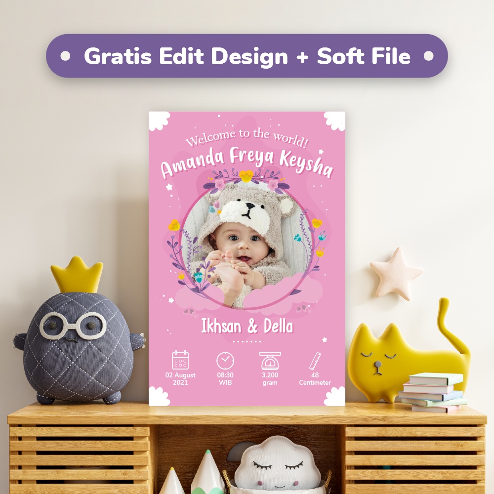 Hiasan Dinding Dekorasi Dinding Biodata Anak Bayi Perempuan Custom Kamar Tidur Bayi Cewek Kado Hadia