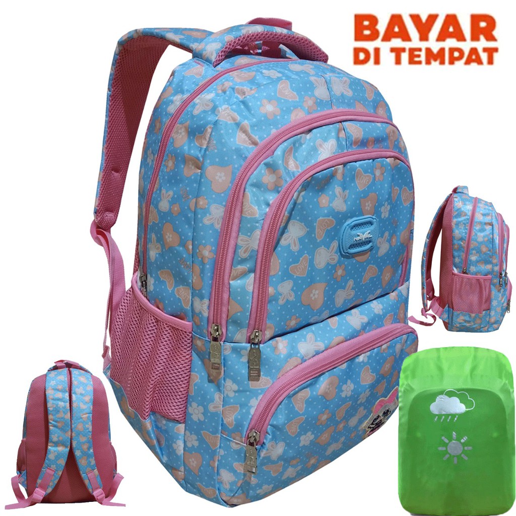 Tas Ransel Wanita Bisa COD Tas Ransel Sekolah Perempuan 18'' Naval 18012 Hijau Import Free Raincover