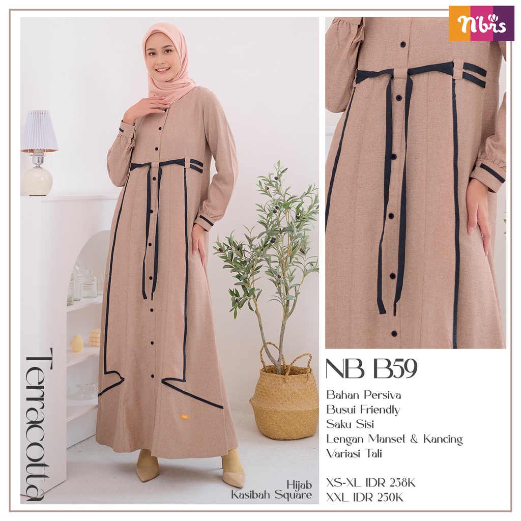 Gamis Nibras NB B59 Bahan Pessiva Dress Musmulim Simple Warna Soft Daily OOTD