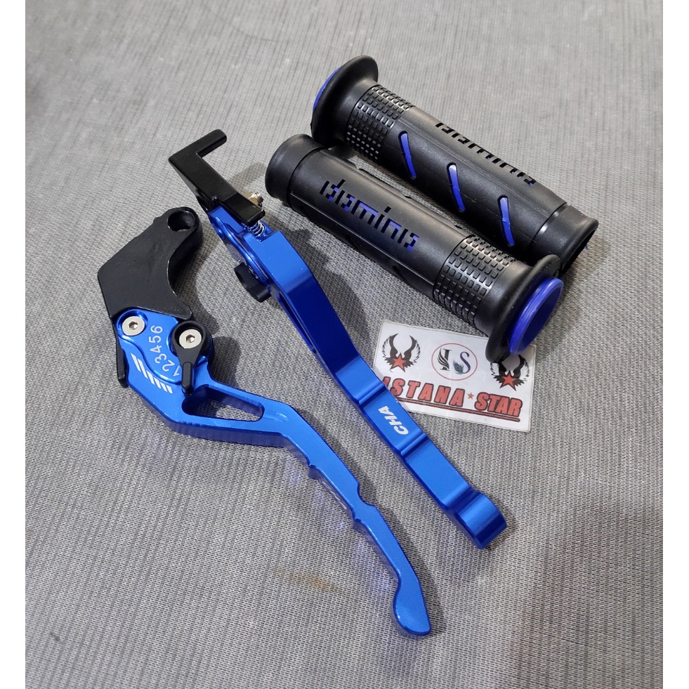 Grip Domino sisik+Handle Rem / Handlebrake Stelan Tiger / Satria Fu / Verza / Megapro / New CB 150 - CNC - BIRU Handle Variasi Promo Bayar Di Tempat