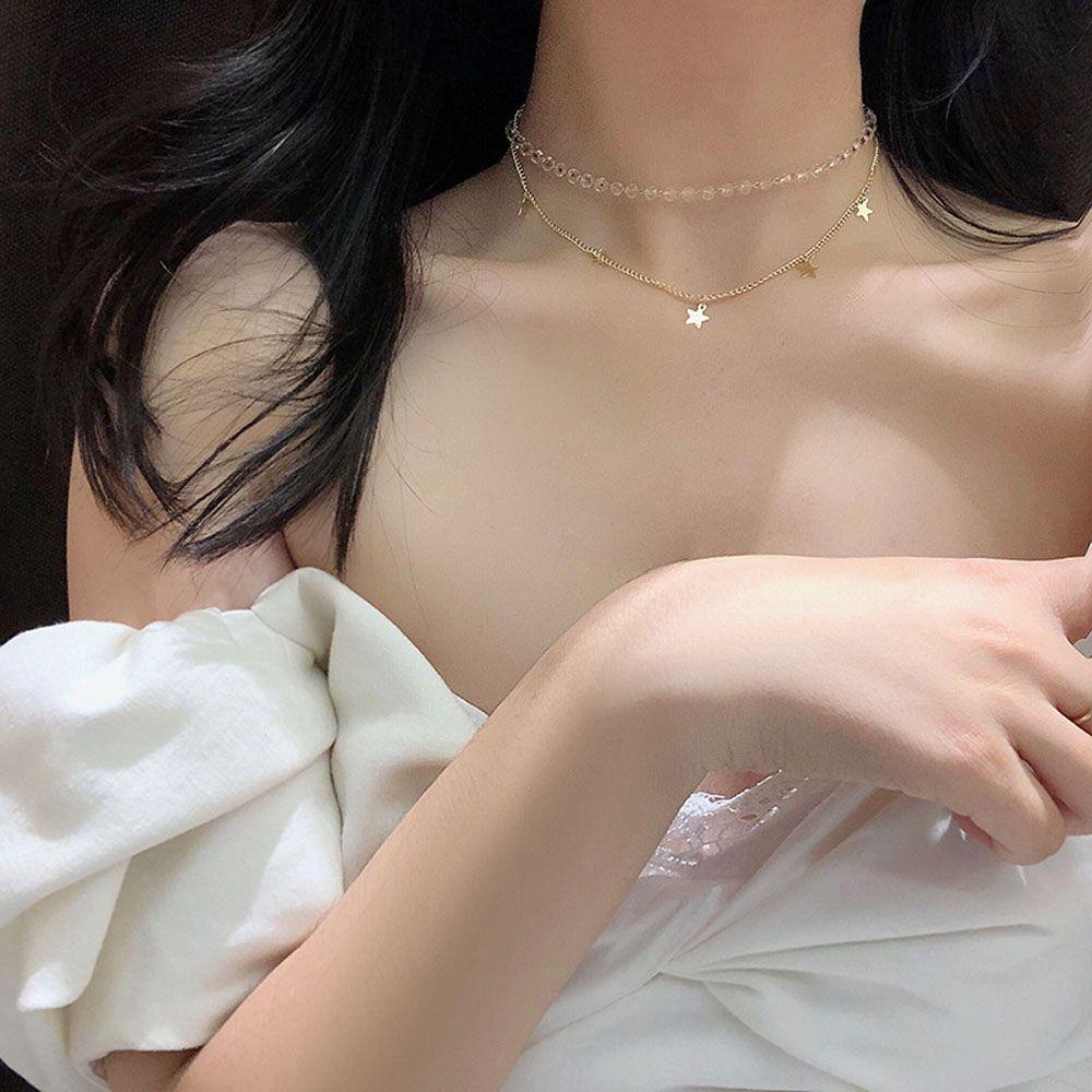 Mxbeauty Kalung Choker Rantai Klavikula Multi Layer Aksen Manik-Manik Bening Gaya Minimalis