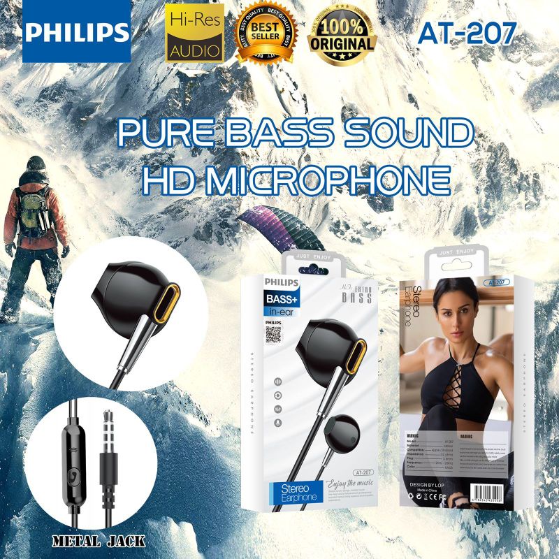 Handsfree Headset Earphone Philips AT-207 Plus Mic Stereo Suara Bagus