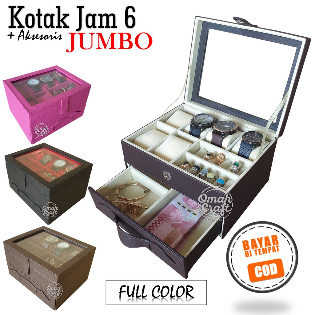 PROMO - Kotak Tempat Jam Tangan isi 6 JUMBO + Aksesoris Tempat Cincin Gelang / Box Jam Tangan