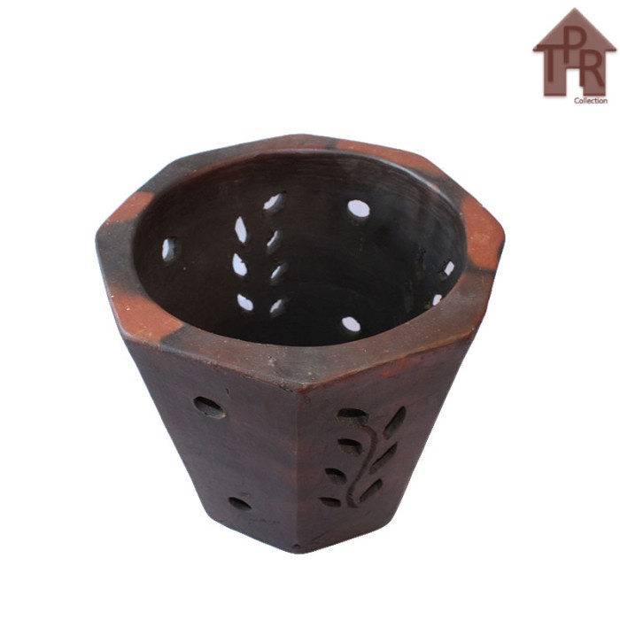 Gerabah | pot tanah liat | pot segi-8 bolong ornamen daun - D20