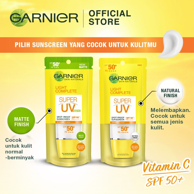 Garnier Super UV Sunscreen Bright Light Complete SPF 50 PA ++  30 ml - Matte &amp; Natural Finish - COD