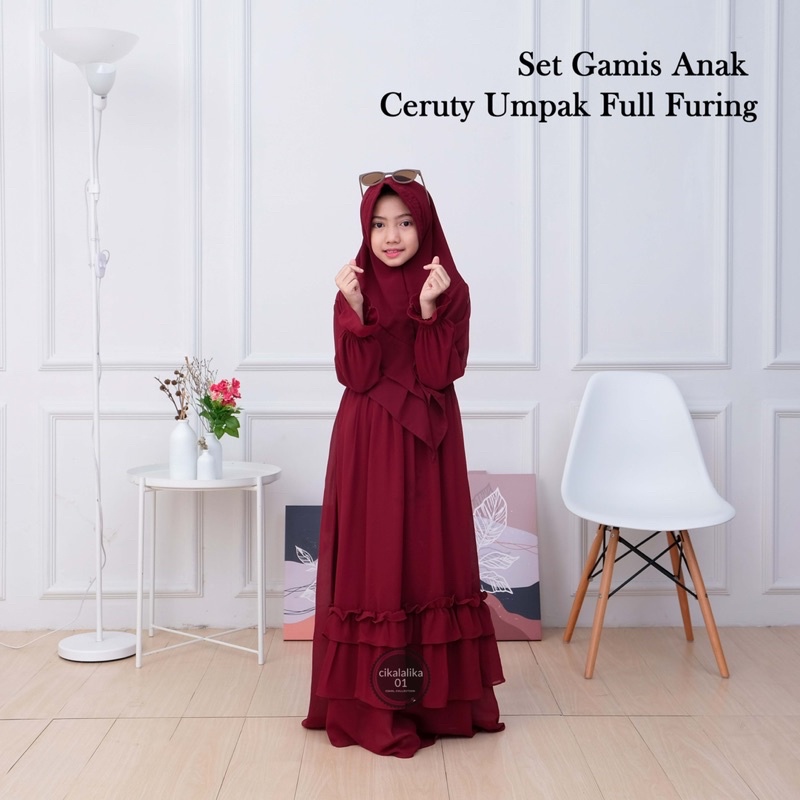Gamis Anak perempuan Set Hijab Bahan Ceruty Babydoll polos