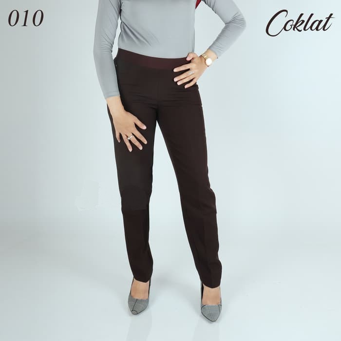 T91 celana coklat tua polos JUMBO Celana Formal wanita pramuka pinggang karet Celana Kerja Wanita