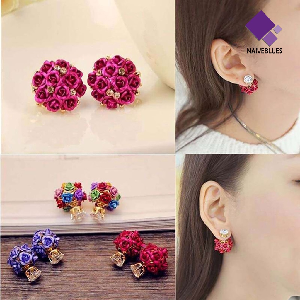 Anting Stud Bentuk Bunga Mawar Bahan Alloy Aksen Berlian Imitasi