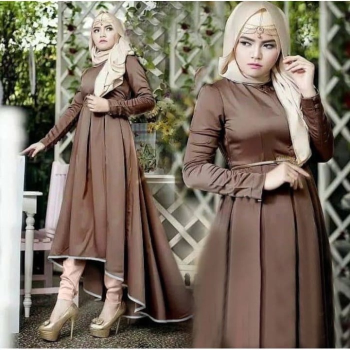 F505 Setelan Gamis Tunik Carla Set Coklat SW Pakaian Muslim Syari Wanita Saten Velvet Premium