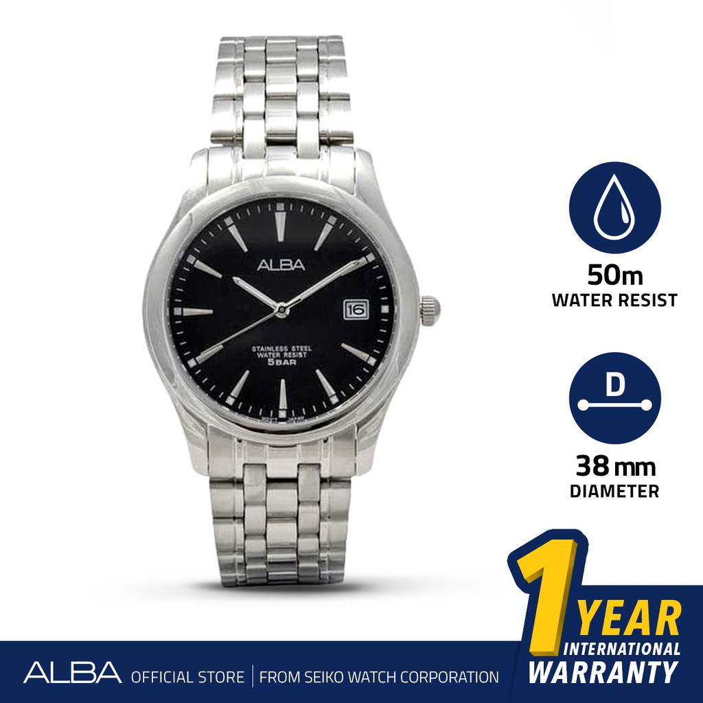 Alba Fashion Jam Tangan Pria AXHK97 / AXHK97X1 Quartz Black Dial Stainless Steel Strap Watch
