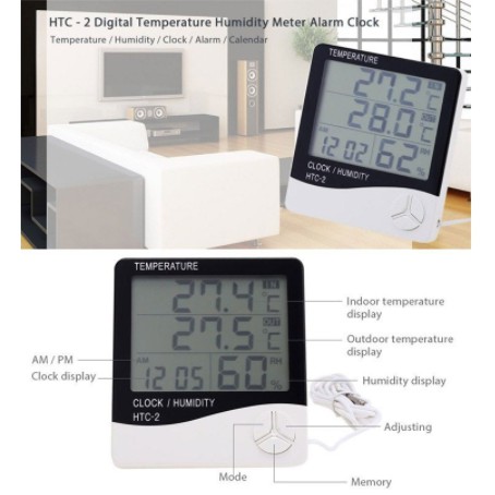 Pengukur Suhu Ruangan HTC 2 Hygrometer Digital Temperature Humidity with Clock Alarm Calendar