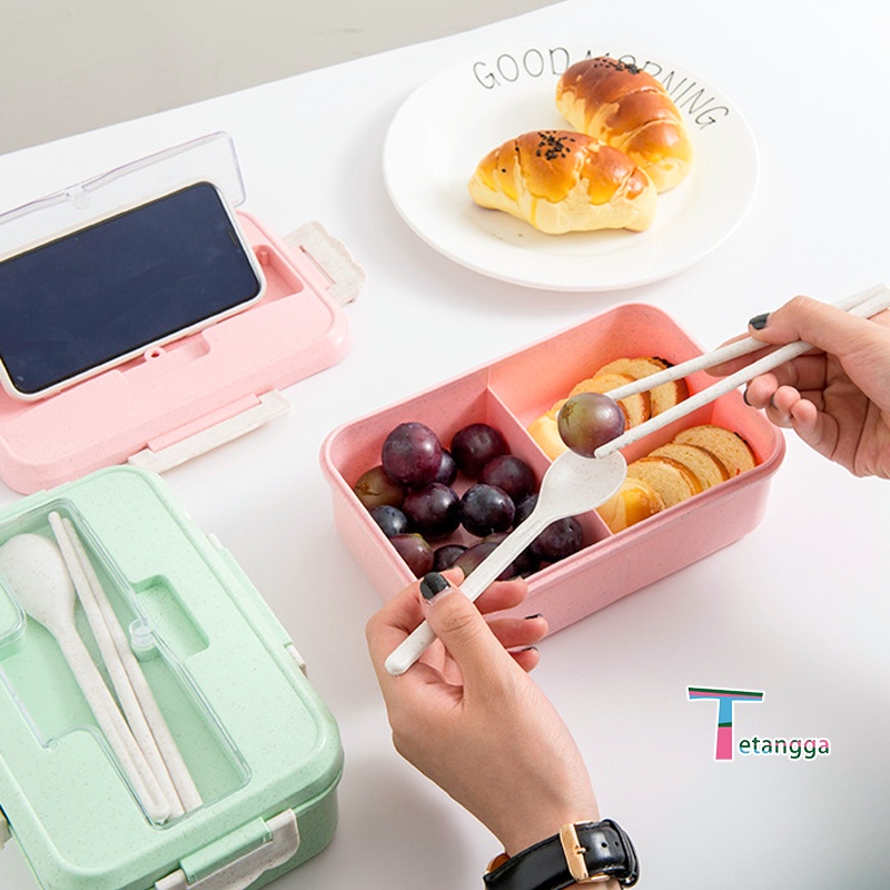 Kotak Makan Bento Lunch Box Set 3 Warna PP Jerami Gandum 1000 ml Kotak Makan Anak 4 IN 1