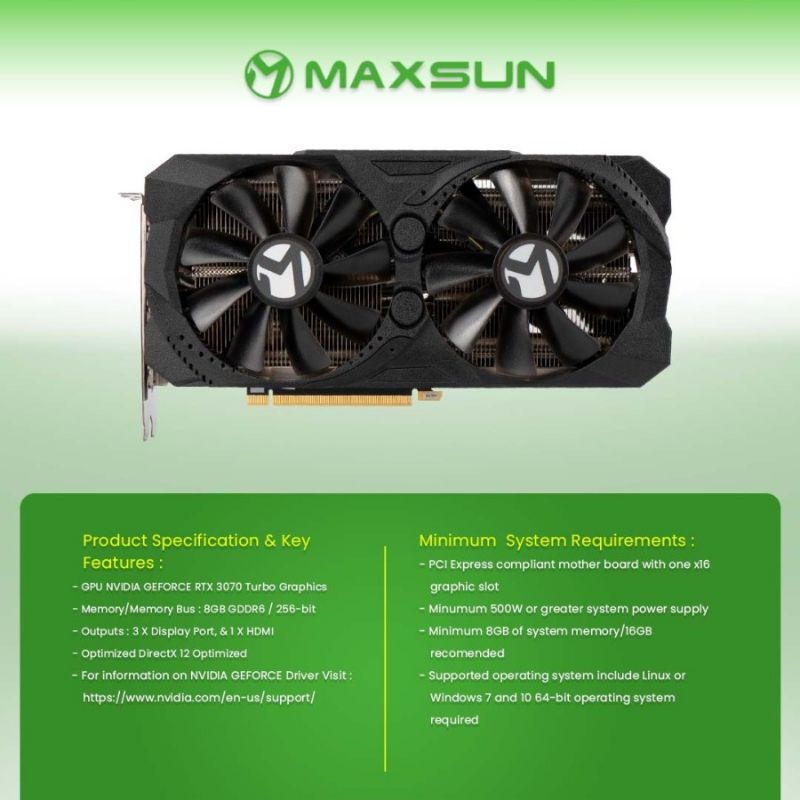 VGA NVIDIA MAXSUN RTX 3070 TURBO 8GB DDR6 256 BIT