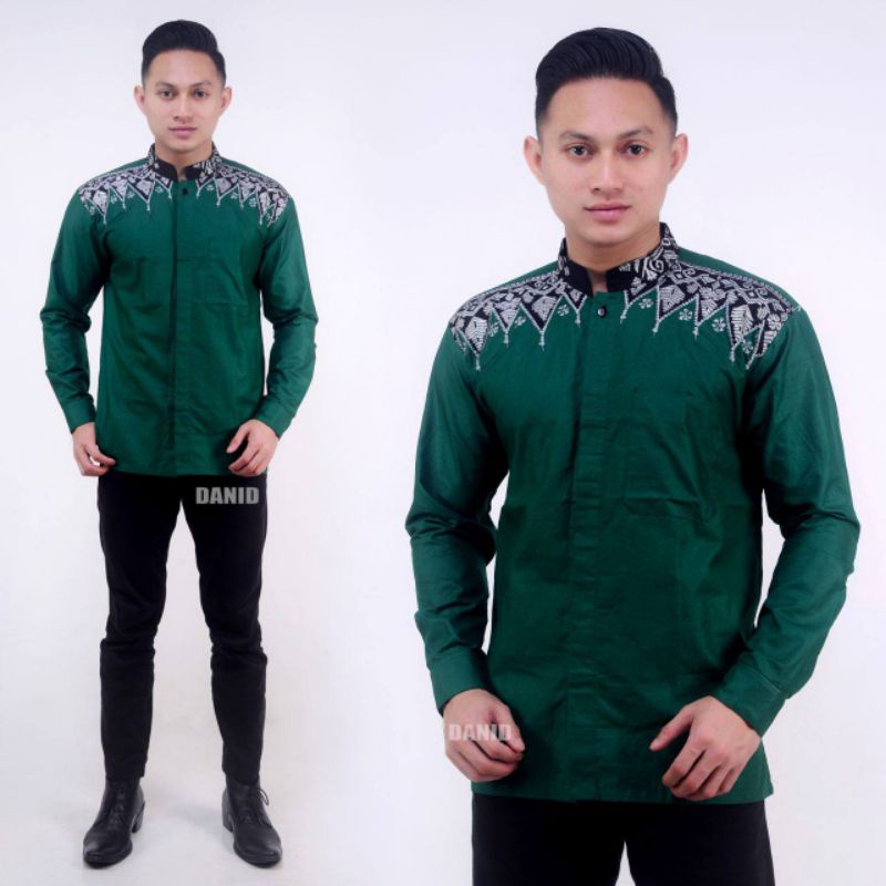 BF Baju Koko Batik Pria Muslim Lengan Panjang Original-Pundak hijau pjg