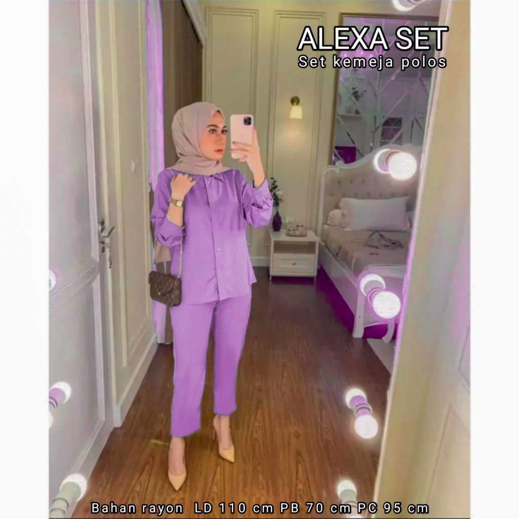 Alexa One Set Wanita Rayon Premium Setelan Wanita Kemeja Polos Lengan Panjang Set Celana Wanita Kekinian LD 110 cm