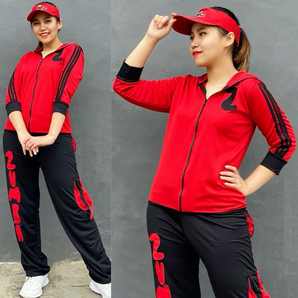 Baju Senam Aerobic Zumba Gym Fitness Olahraga Outdoor Panjang Muslim Z Merah Hitam