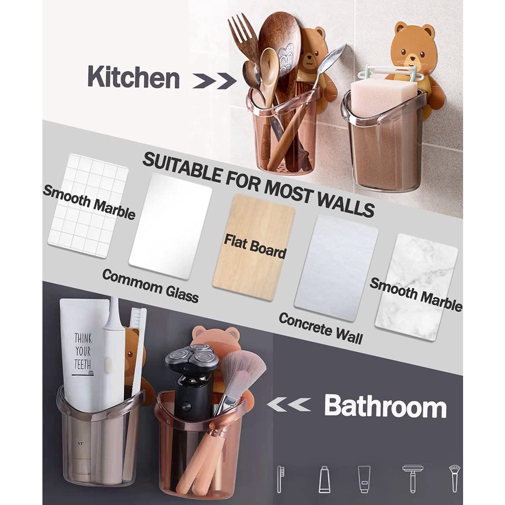 1pc Free Punch Wall Mounted Bear Toothbrush Storage Holder for Bathroom