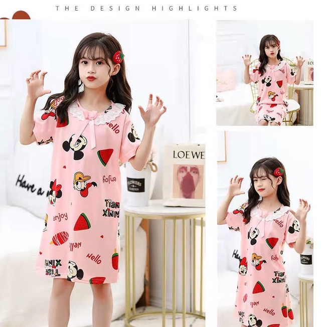 (Hello Girl)SY-01 Dress Tidur Anak Kerah Renda Motif  Kartun Import