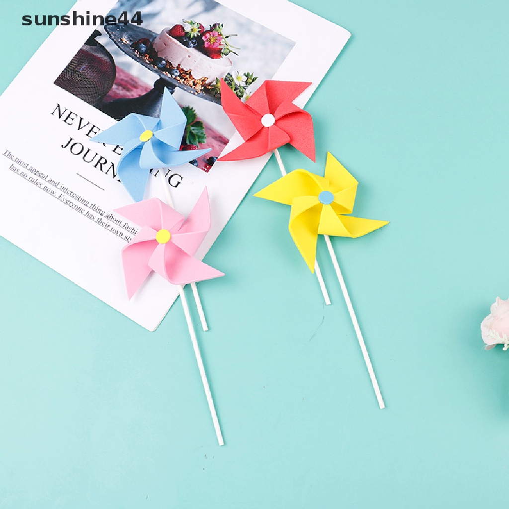 Sunshine 3pcs Topper Kue Ulang Tahun Bentuk Kincir Angin 3D Bahan Kertas Foam Warna-Warni