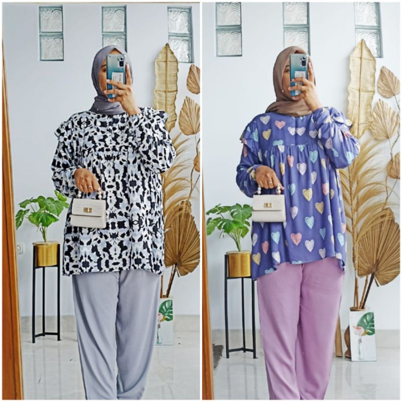 BISA COD AZKIYAHIJAB29 ONESET KANAYA SETELAN KOMBINASI POLOS MOTIF SETCEL CELANA KULOT KATUN RAYON O