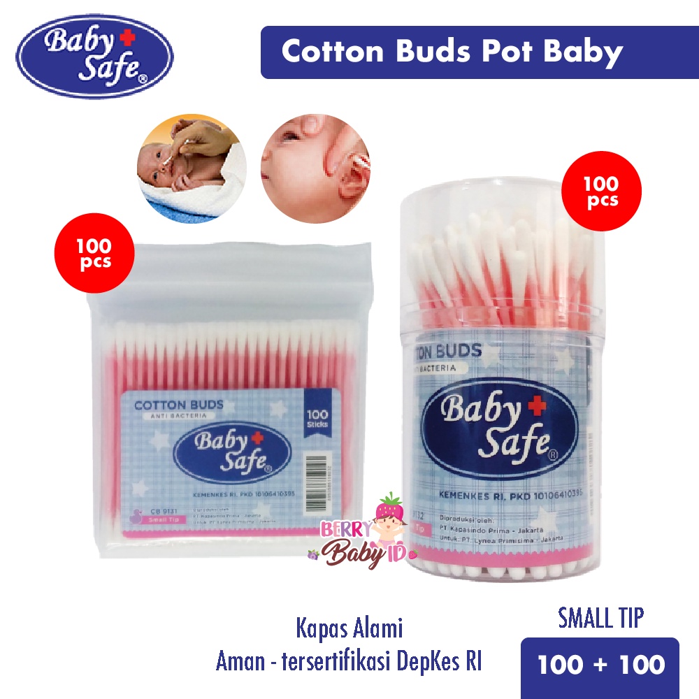 Baby Safe Paket Cotton Buds Pot &amp; Refill Small Tip Korek Kuping Bayi Berry Mart