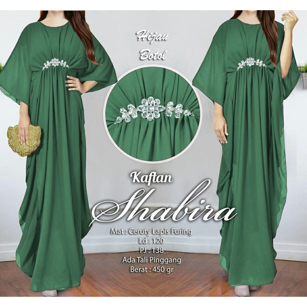Arnis Shabira Kaftan Original Busui Friendly Ceruty Babydoll-Hijau Botol