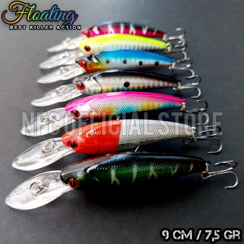 Lure minnow floating lidah panjang 9 cm 7,5 gram Umpan Troling target Black bass Mangrove jack