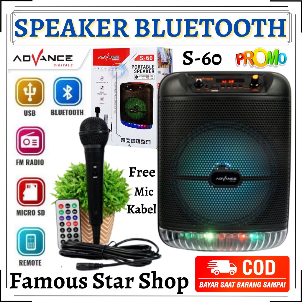 Speaker Bluetooth Advance S-60 Extra Bass | Advance S60 Speaker Portable Bluetooth 8 Inch + Microfone | Bisa Cod | FMS