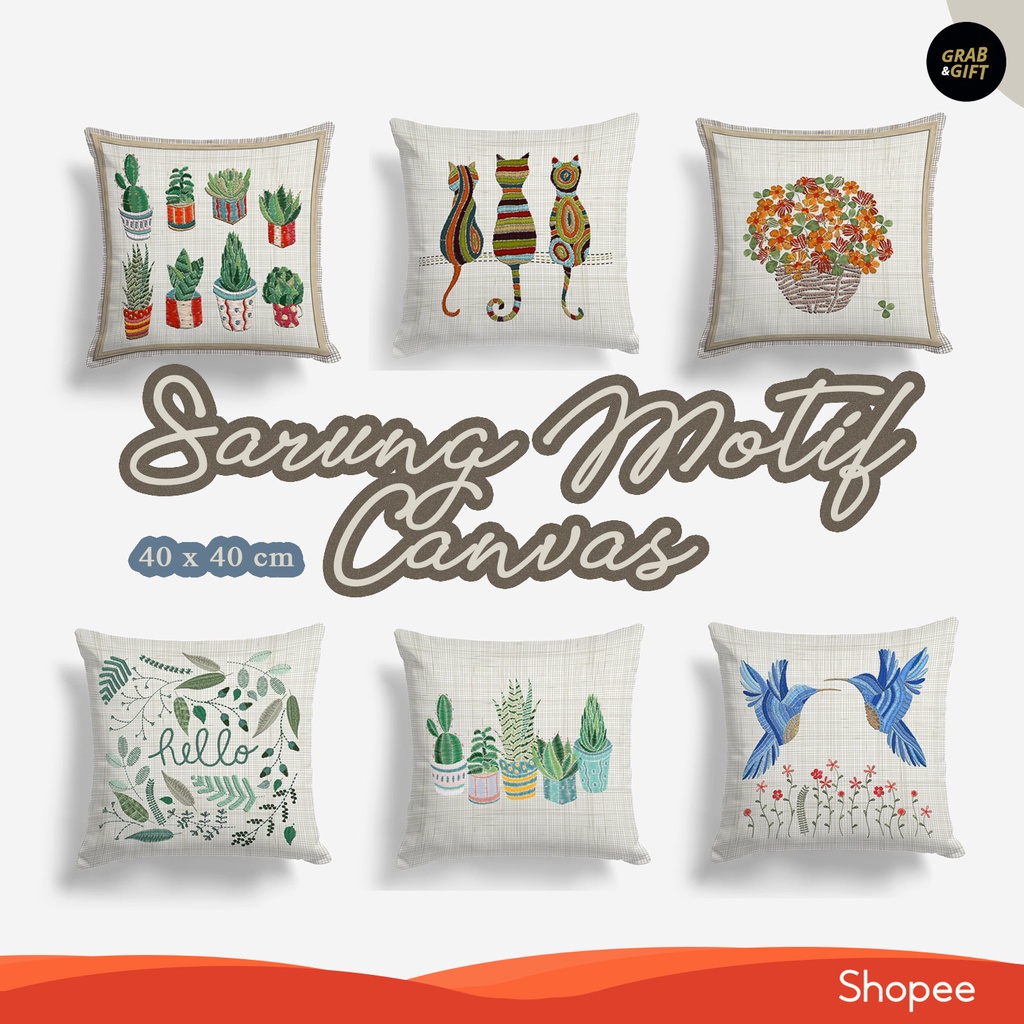 SARUNG Bantal Sofa Motif Garden Canvas 40x40 cm - Bahan Katun Floral Bird Hello