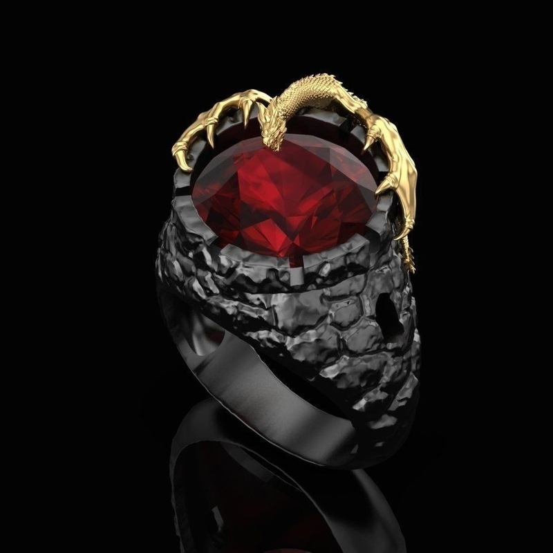 Cincin Desain Naga Ruby Dua Warna Emas Gaya Punk Gothic Rock Untuk Pria