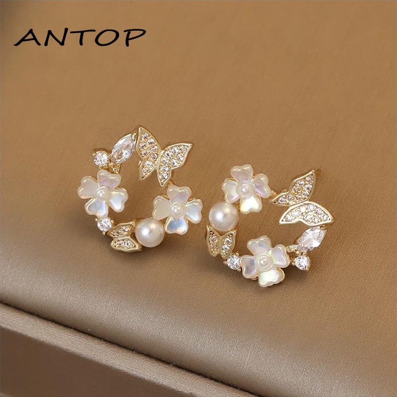 2Pcs Korea Bunga Anting Mutiara Perak Jarum Kupu-kupu Perhiasan Fashion Wanita ANTOP