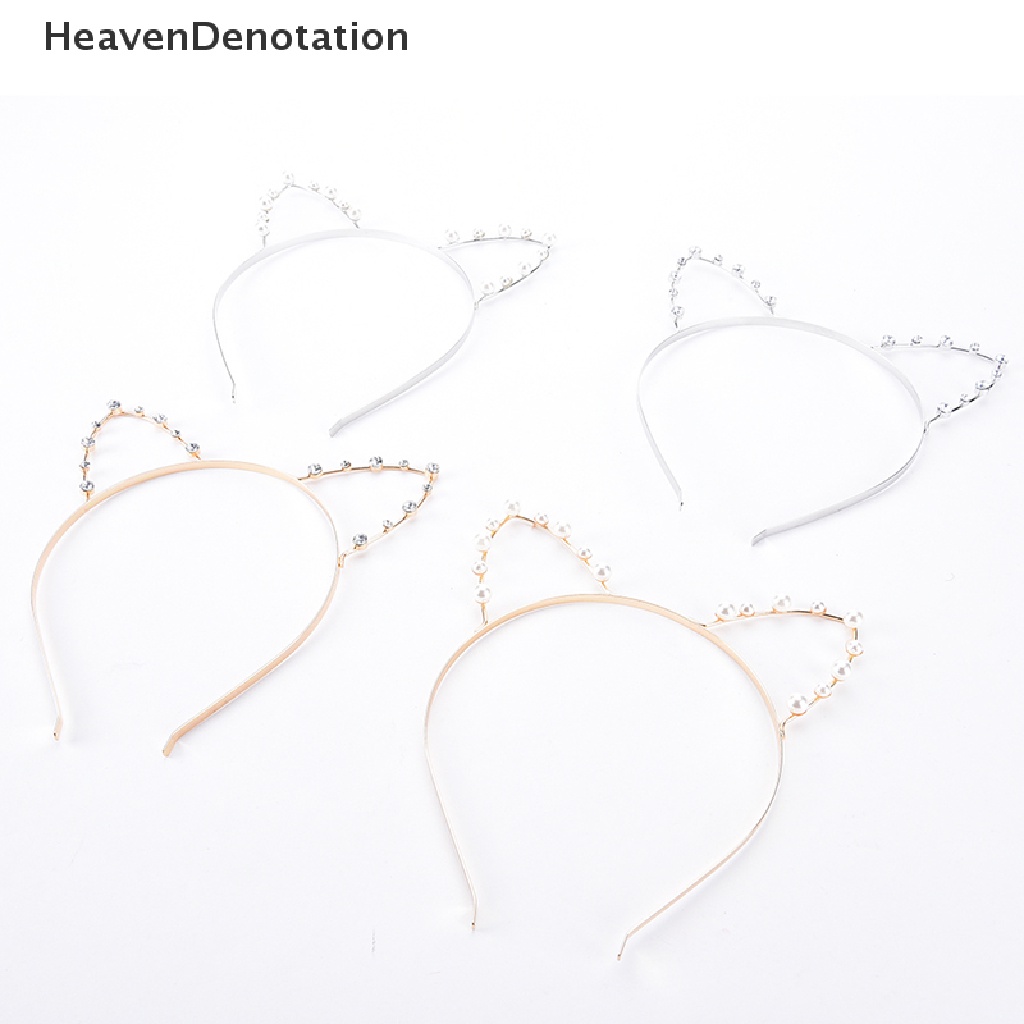 Headband Bentuk Telinga Kucing Aksen Mutiara Dan Berlian Imitasi Bahan Alloy Untuk Wanita