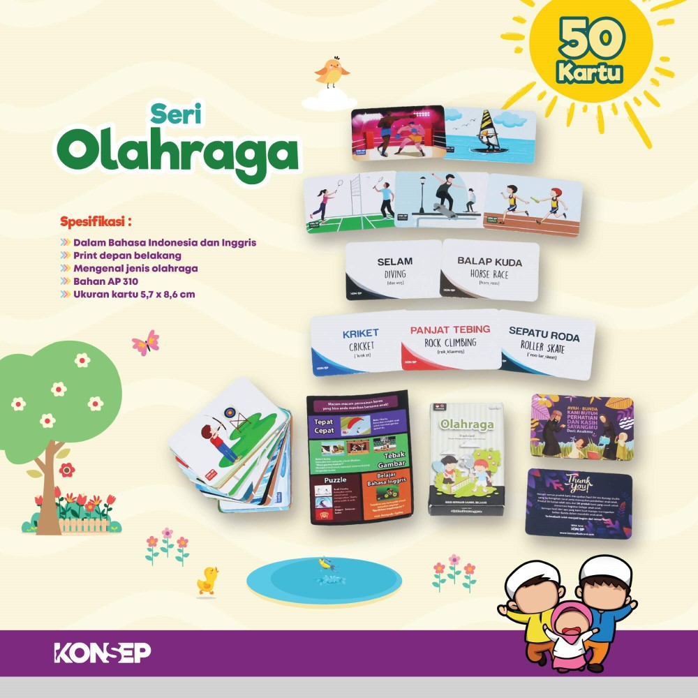 Flash Card Olahraga - Kartu Belajar Anak Bergambar - Konsep Studio Original