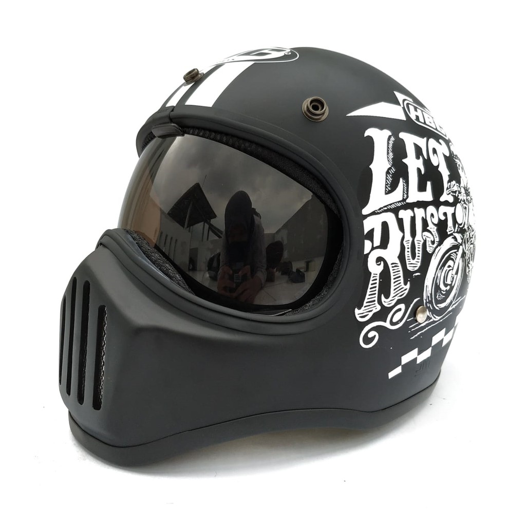 Helm Cakil HBC Rust Dust Black Font White + Inner Visor Chrome ( Fullface / Retro / Klasik / Vespa )