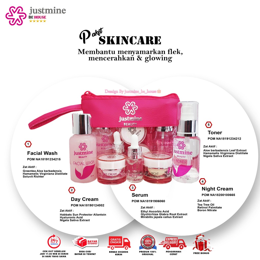 Justmine Beauty Skincare Paket Glowing night glow Acne Jelly Mencerahkan wajah BPOM COD-4
